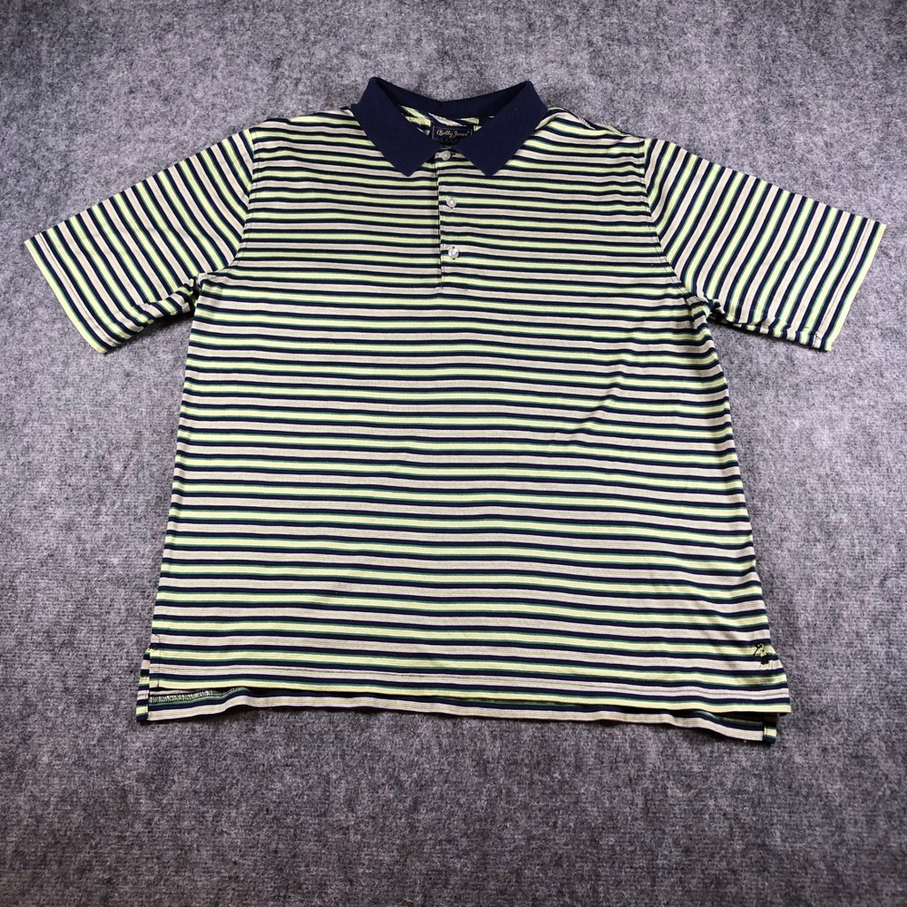 Bobby Jones‎ Players Golf Polo Shirt Mens XL Green Navy Blue Striped Logo Cotton